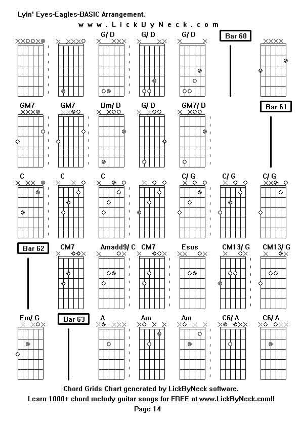 Chord Grids Chart of chord melody fingerstyle guitar song-Lyin' Eyes-Eagles-BASIC Arrangement,generated by LickByNeck software.